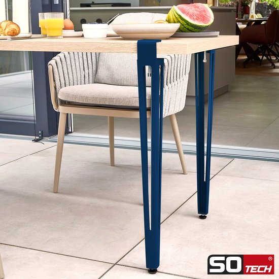 SOTECH Set de 4 pieds de table en F, hauteur 745 mm, bleu conique réglable 70-40 mm avec vis de serrage (sans perçage) pour table de cuisine, table à manger, table de bureau