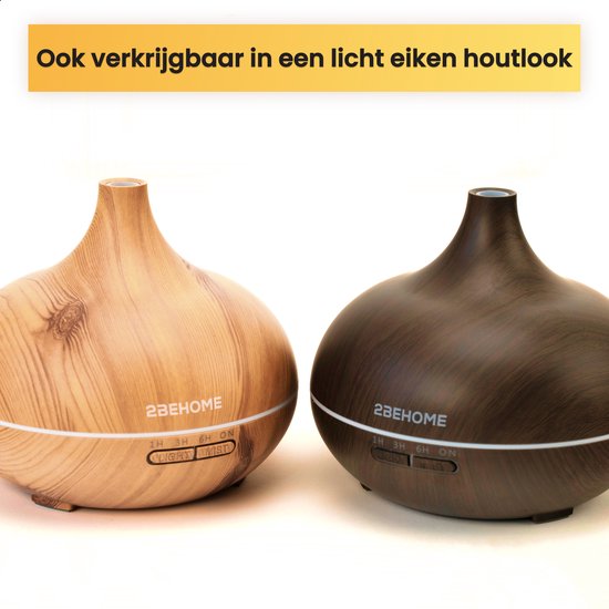 Twee 2BEHOME aroma diffusers, één in donkere houtlook en één in lichte eiken houtlook, met LED-verlichting.