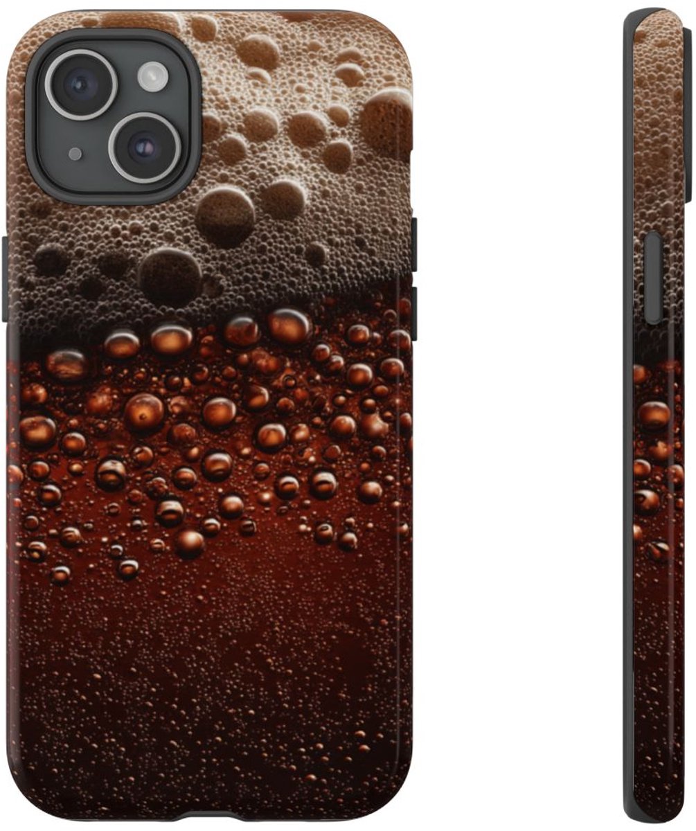 Close-Up Donkerbruine Bier Schuimtextuur – Telefoonhoesje Geschikt voor iPhone 15 Plus