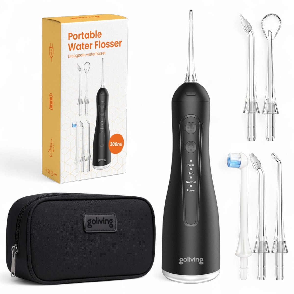 Goliving Waterflosser - 5 Opzetstukken - 4 Standen - Incl. Reistasje - Monddouche 300 ml - Elektrisch Flosapparaat - Draadloos & USB Oplaadbaar - Zwart