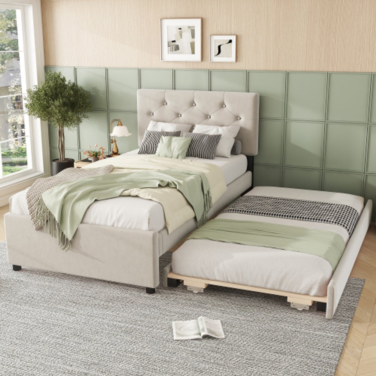 Opbergbed, 90x200 cm, bed met lattenbodem (zonder matras), bed met rolcontainer, fluweel, minimalistisch, beige