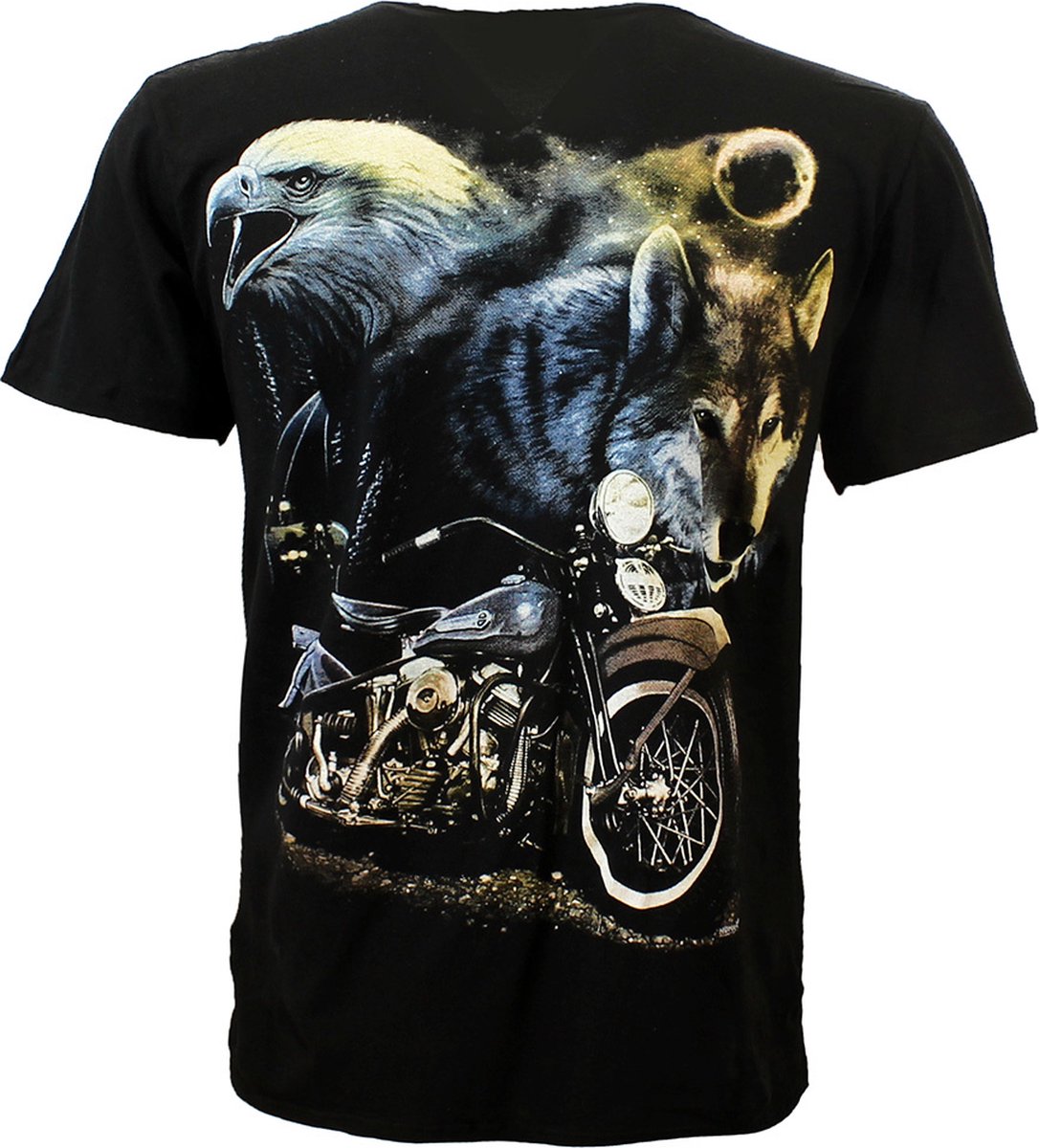 Wolf Adelaar en Motor in de Nacht T-Shirt Zwart - Origineel Design - M