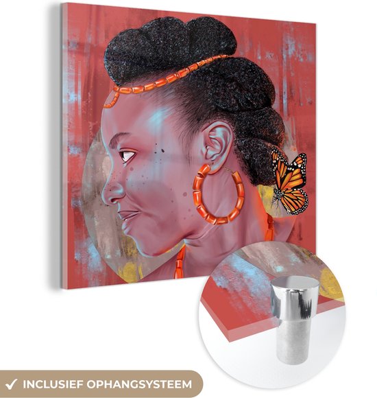 Peinture détaillée sur verre acrylique d'une femme avec des accessoires oranges et un papillon. Système de suspension inclus.