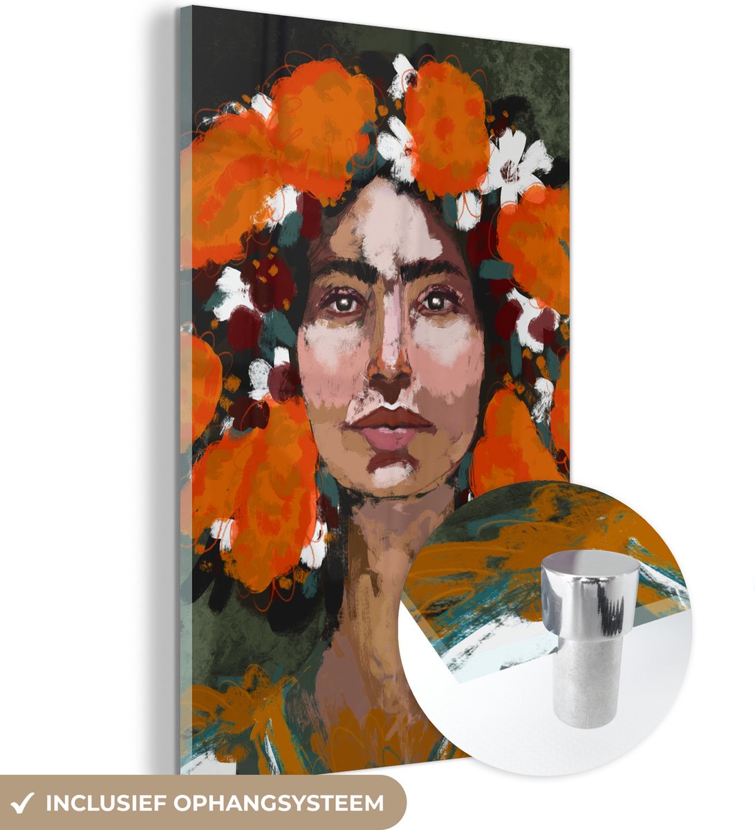 MuchoWow® Glasschilderij 80x120 cm - Schilderij acrylglas - Abstract - Vrouw - Portret - V