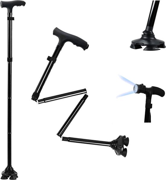 QualiPro Opvouwbare Verstelbare Wandelstok met LED Licht Lampje - Ergonomisch - Zwart - Inklapbaar - Brede voet - Zeer stabiel