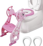 Toilettrainer met trap - Zindelijkheidstraining Toiletbril Toiletbril Kindertoiletstoel Kindertoilettraining voor 2-7 jaar Kinderen met 2 kussens (roze)