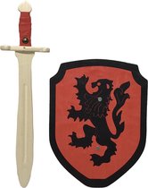 Houten struikrover zwaard en Schild rood met Leeuw kinderzwaard ridderzwaard ridderschild ridder