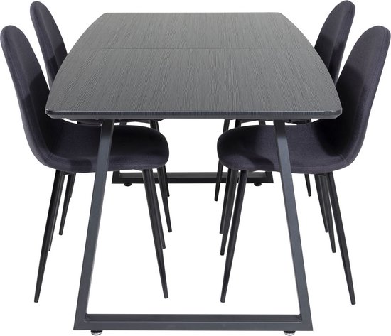 IncaBLBL eethoek eetkamertafel uitschuifbare tafel lengte cm 160 / 200 zwart en 4 Polar eetkamerstal zwart.