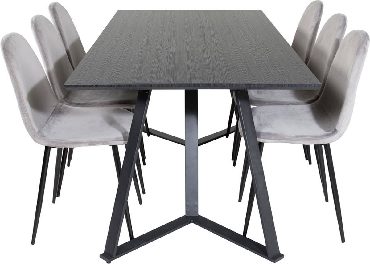 MarinaBLBL eethoek eetkamertafel zwart en 6 Polar eetkamerstal velours grijs.