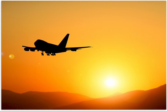 Poster Glanzend – Silhouet van Passagiers Vliegtuig Wegvliegend van Zonsondergang - 60x40 cm Foto op Posterpapier met Glanzende Afwerking