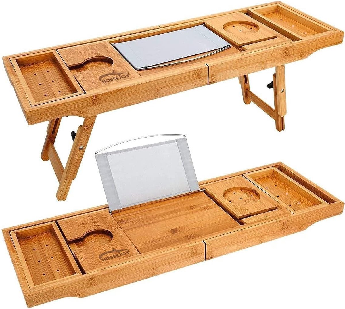 Bad-caddy & laptopbed bureau - 2-in-1, badkuip tablet standaard geïntegreerd voor boeken van tablets, badkamer en organizer met smartphone en wijnglashouder en tablethouder