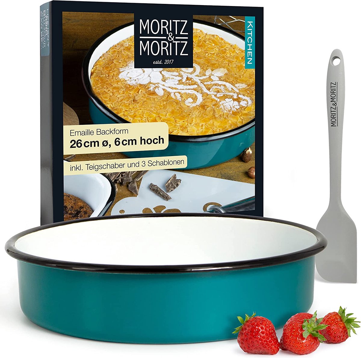 Moritz & Moritz Cake vorm 26cm rond email - bakvorm rond voor cake en taarten - ook als emaille kom voor salade - Incl. deegschraper, 3 decoratieve sjablonen en receptenboekje