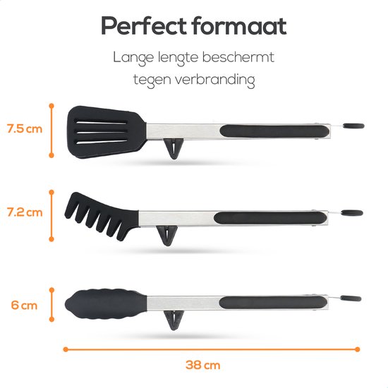 Set - Lot de 3 - Pinces à Viande - Pinces de Service - Pinces de Cuisine - Pinces à Spaghetti - Pinces à Pâtes - 30 CM - Inox & Siliconen - Zwart