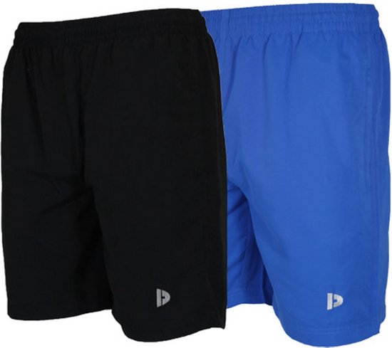 Zwarte en blauwe Donnay sportbroeken naast elkaar, beide met elastische tailleband en logo.