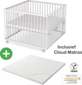 Premium Baby Box - kinderbox - 100x100cm - Wit Incl. matras - In hoogte verstelbare bodem - Met Wielen - massief beukenhout - SÄMANN