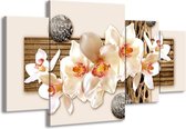 GroepArt - Schilderij -  Orchidee - Crème, Bruin - 160x90cm 4Luik - Schilderij Op Canvas - Foto Op Canvas