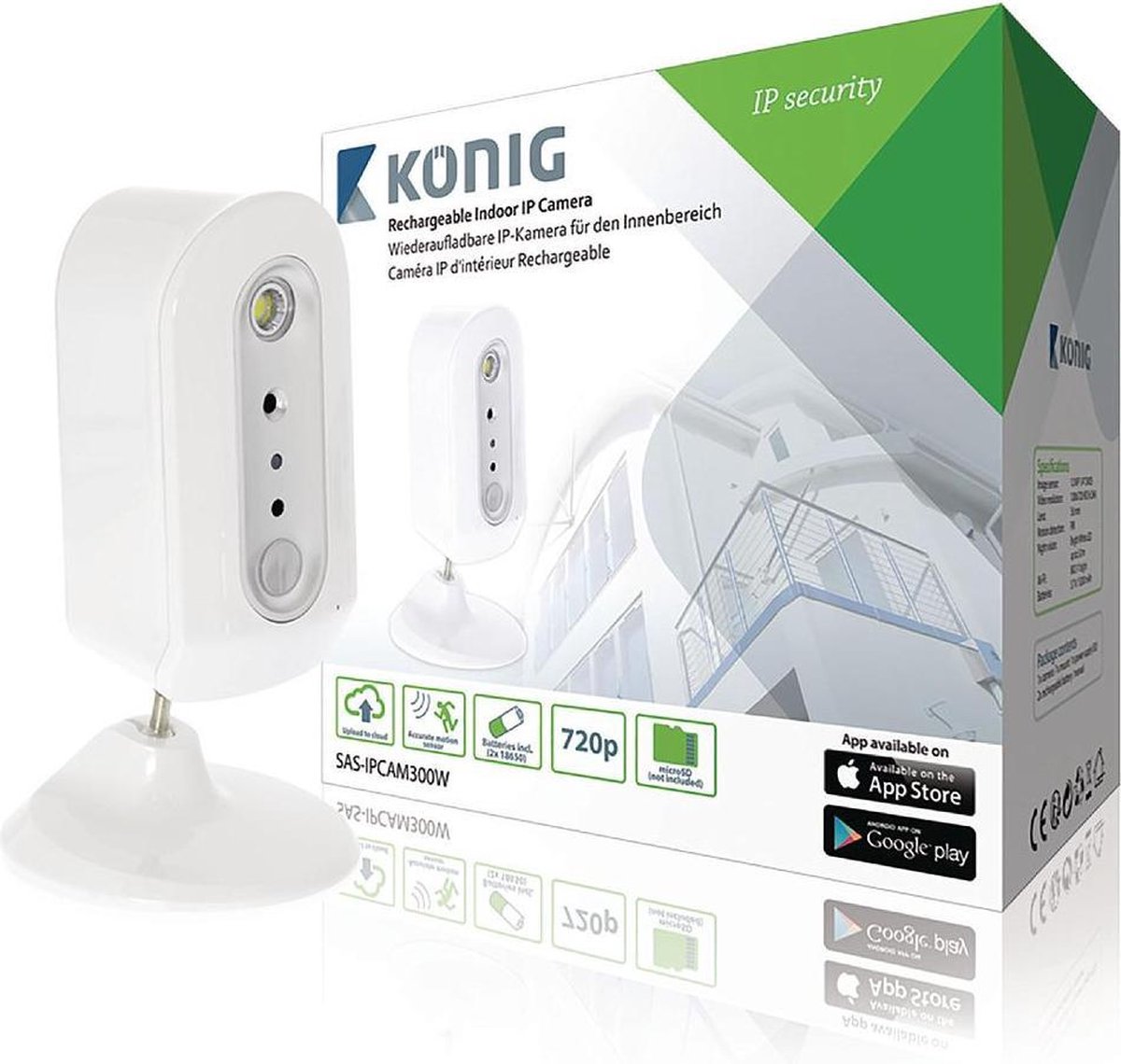 König HD IP-Camera Binnen 720P Oplaadbaar Wit/Zilver