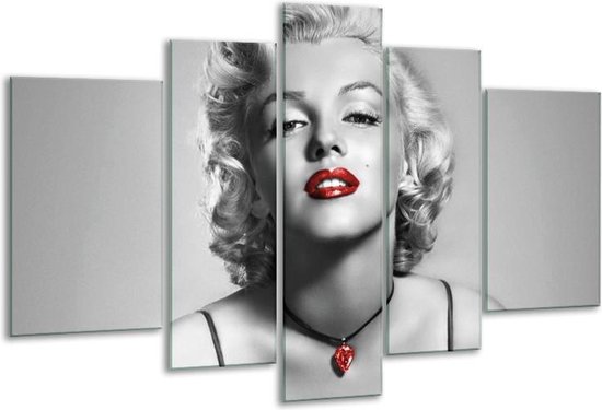 Glasschilderij Marilyn Monroe - Grijs, Zwart, Rood - 170x100cm 5Luik - Foto Op Glas - Geen Acrylglas Schilderij - 6000+ Glasschilderijen Collectie - Wanddecoratie