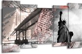 GroepArt - Canvas Schilderij - Vrijheidsbeeld, New York - Grijs, Rood, Zwart, Wit - 150x80cm 5Luik- Groot Collectie Schilderijen Op Canvas En Wanddecoraties