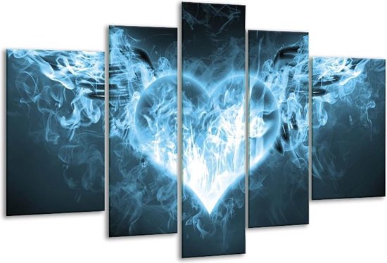 Glasschilderij Hart, Vuur - Blauw, Wit - 170x100cm 5Luik - Foto Op Glas - Geen Acrylglas Schilderij - 6000+ Glasschilderijen Collectie - Wanddecoratie