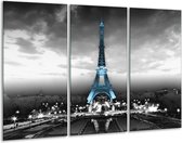GroepArt - Schilderij -  Parijs, Eiffeltoren - Zwart, Wit, Blauw - 120x80cm 3Luik - 6000+ Schilderijen 0p Canvas Art Collectie