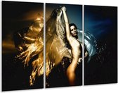 Glasschilderij Vrouw - Geel, Blauw, Zwart - 120x80cm 3Luik - Foto Op Glas - Geen Acrylglas Schilderij - GroepArt 6000+ Glas Art Collectie - Maatwerk Mogelijk