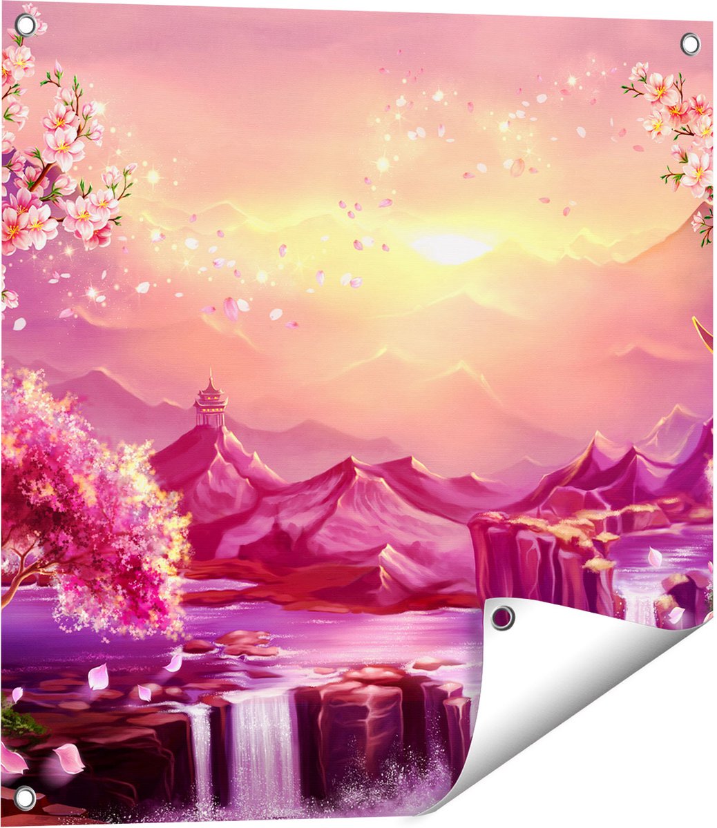 Gards Tuinposter Illustratie van Watervallen met Bloesems - 60x60 cm - Tuindoek - Tuindecoratie - Wanddecoratie buiten - Tuinschilderij Multikleur