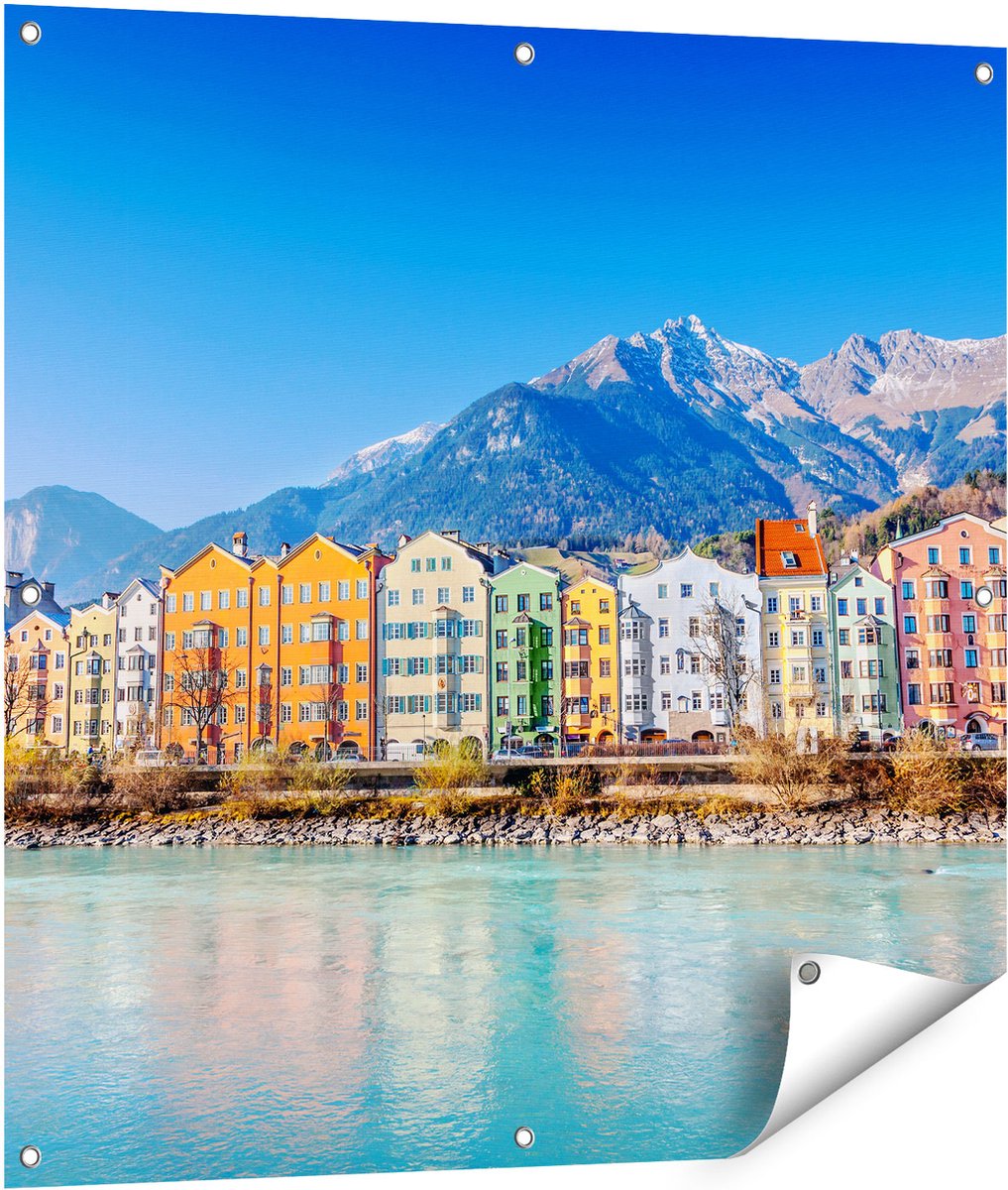 Gards Tuinposter Gekleurde Huisjes in Innsbruck, Oostenrijk - 90x90 cm - Tuindoek - Tuindecoratie - Wanddecoratie buiten - Tuinschilderij Multikleur