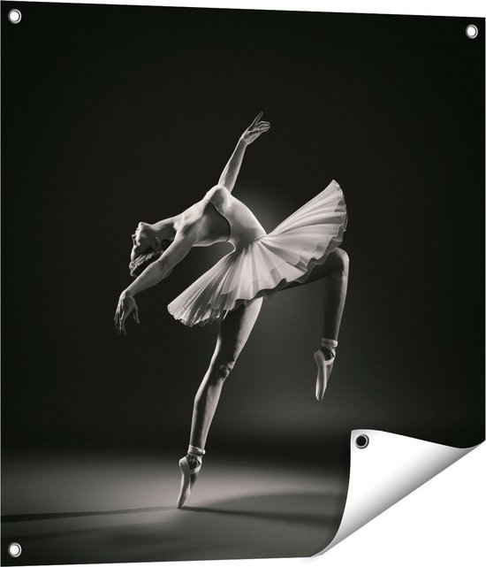 Gards Tuinposter Ballerina op Haar Tenen - Ballet - Zwart Wit - 70x70 cm - Tuindoek - Tuindecoratie - Wanddecoratie buiten - Tuinschilderij