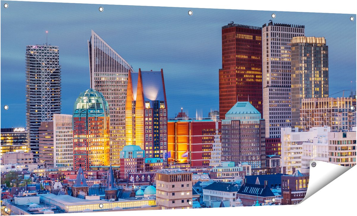 Gards Tuinposter Den Haag Skyline met Wolkenkrabbers - 160x80 cm - Tuindoek - Tuindecoratie - Wanddecoratie buiten - Tuinschilderij Multikleur