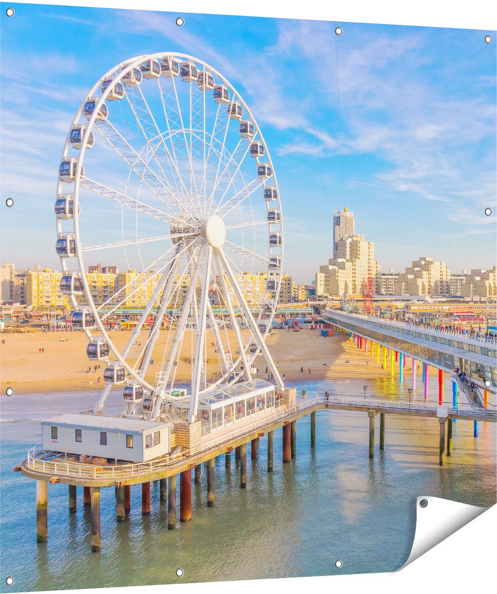 Gards Tuinposter Scheveningen Pier met de Ferris Wheel - Reuzenrad - 120x120 cm - Tuindoek - Tuindecoratie - Wanddecoratie buiten - Tuinschilderij Multikleur