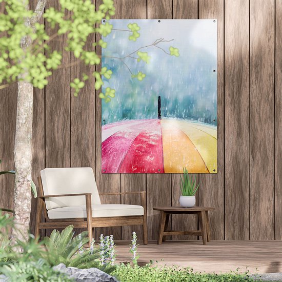 Gards Poster de jardin Parapluie arc-en-ciel avec pluie - 90x120 cm - Toile de jardin - Décoration de jardin - Décoration murale extérieure - Tableau de jardin