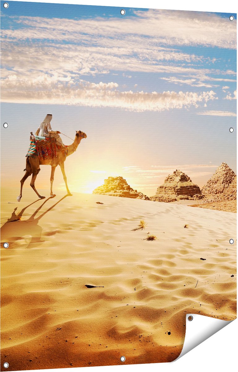 Gards Tuinposter Egyptische Piramides met een Kameel - 90x120 cm - Tuindoek - Tuindecoratie - Wanddecoratie buiten - Tuinschilderij Multikleur