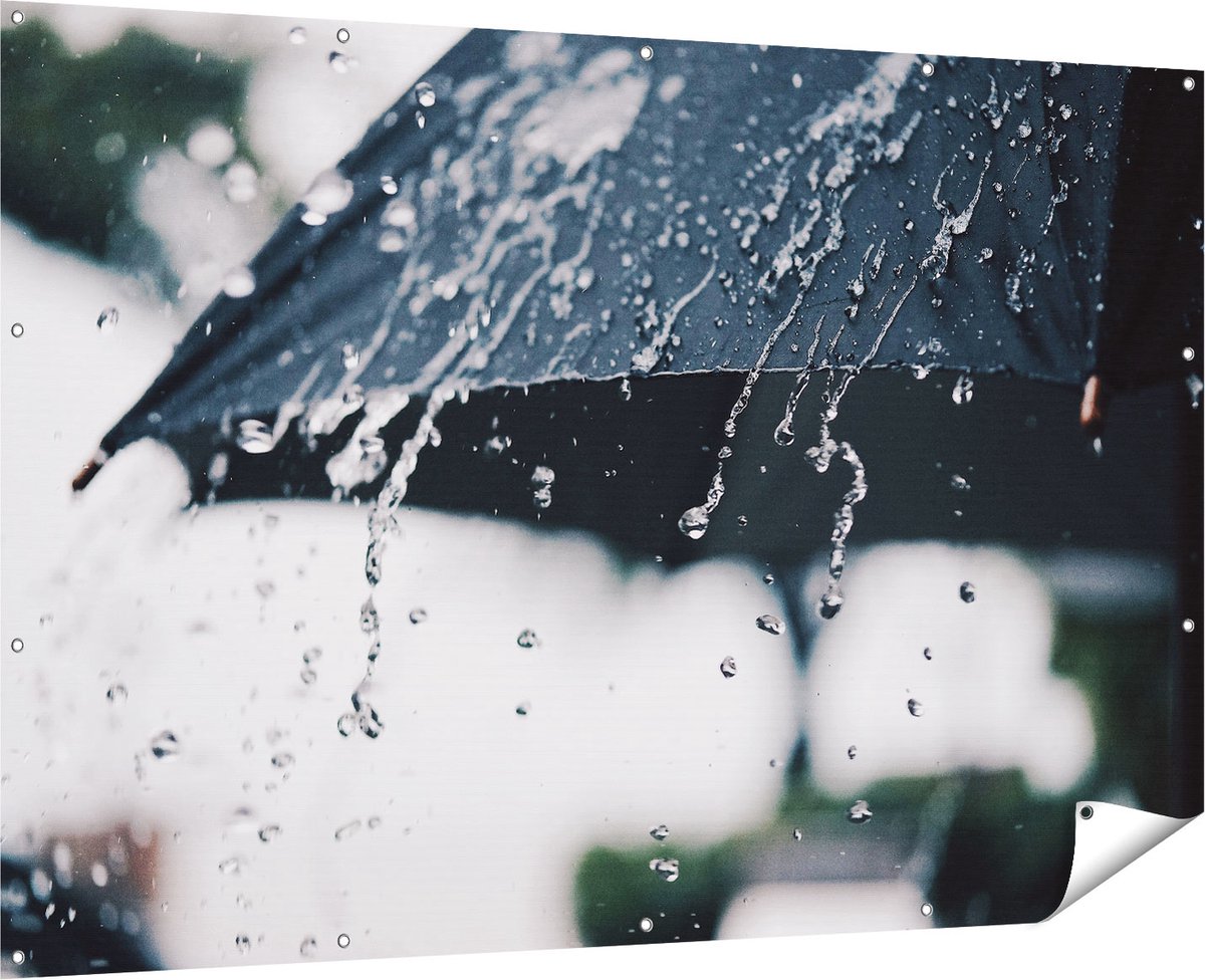 Gards Tuinposter Zwarte Paraplu met Regen Druppels - 180x120 cm - Tuindoek - Tuindecoratie - Wanddecoratie buiten - Tuinschilderij Multikleur