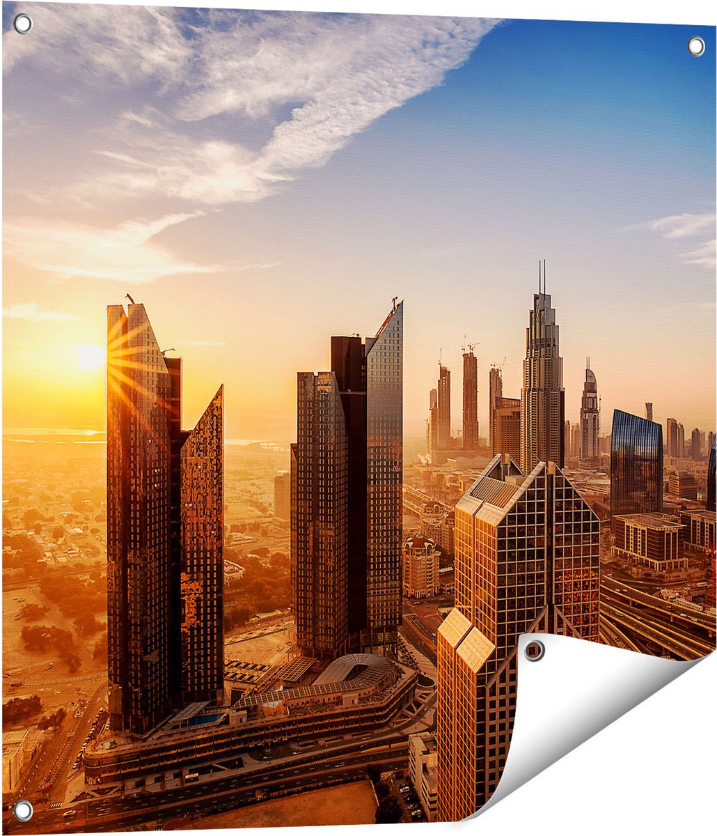 Gards Tuinposter Dubai Stad bij Zonsopgang - 70x70 cm - Tuindoek - Tuindecoratie - Wanddecoratie buiten - Tuinschilderij Multikleur