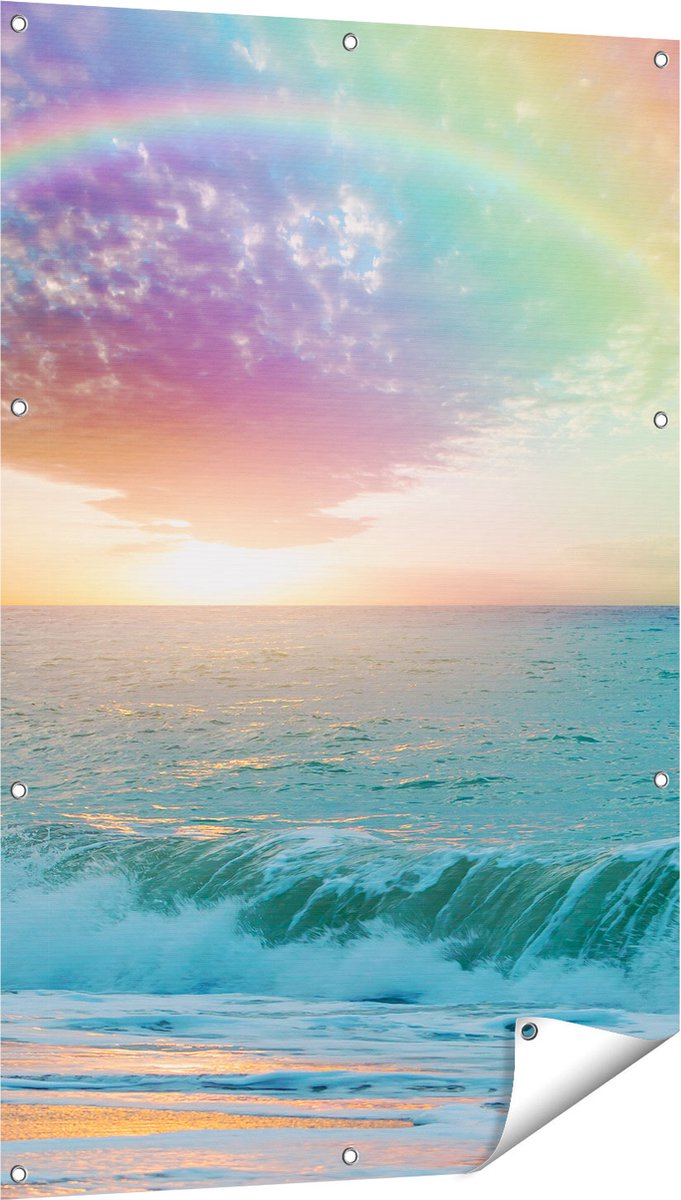 Gards Tuinposter Regenboog in het Water bij het Strand - 80x120 cm - Tuindoek - Tuindecoratie - Wanddecoratie buiten - Tuinschilderij Multikleur