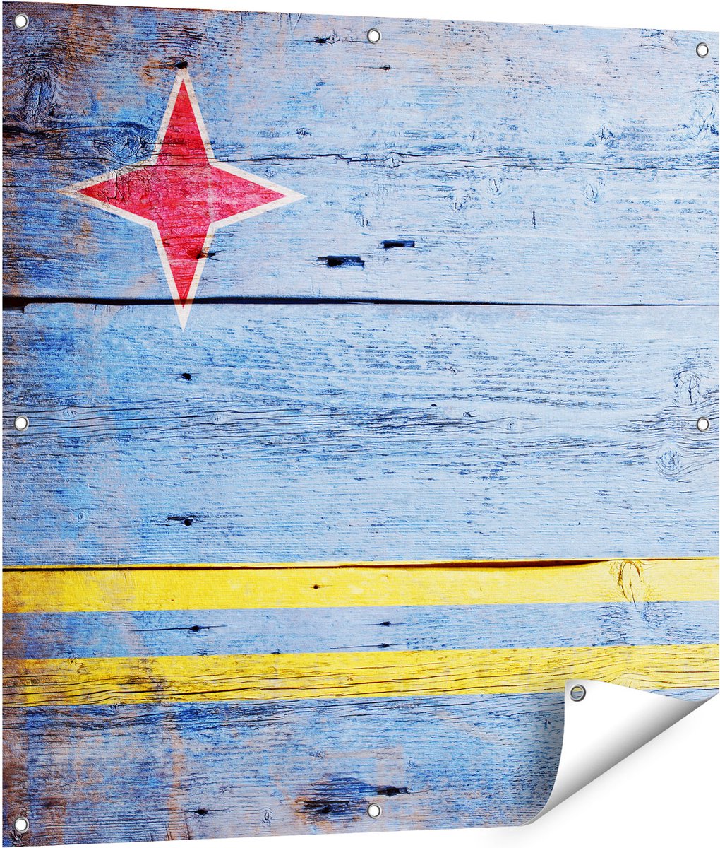 Gards Tuinposter Aruba Vlag op Hout - 90x90 cm - Tuindoek - Tuindecoratie - Wanddecoratie buiten - Tuinschilderij Multikleur