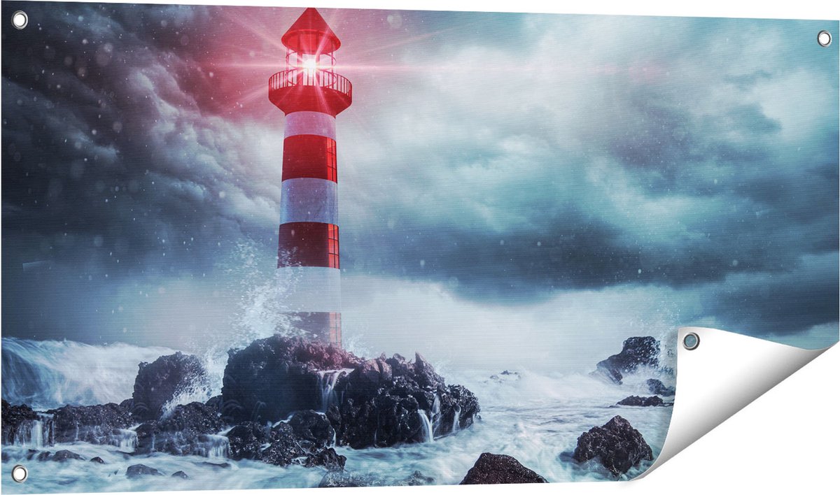 Gards Tuinposter Vuurtoren tijdens een Storm - 100x50 cm - Tuindoek - Tuindecoratie - Wanddecoratie buiten - Tuinschilderij Multikleur