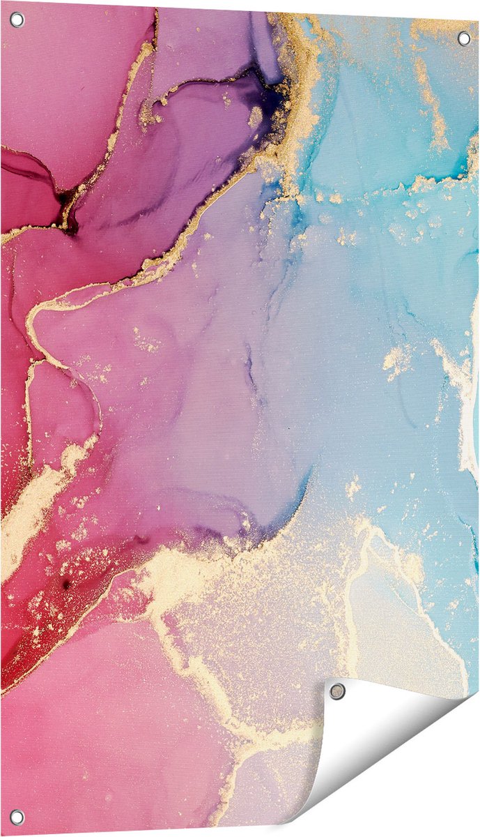 Gards Tuinposter Abstracte Kunst van Marmer - Roze met Blauw - 60x90 cm - Tuindoek - Tuindecoratie - Wanddecoratie buiten - Tuinschilderij Multikleur