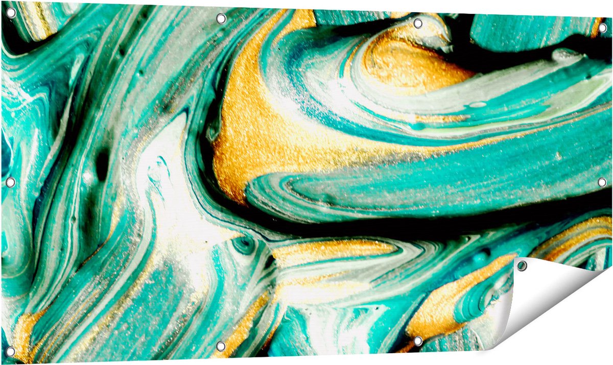 Gards Tuinposter Abstracte Kunst - Groen met Gouden Verf - 120x60 cm - Tuindoek - Tuindecoratie - Wanddecoratie buiten - Tuinschilderij Multikleur