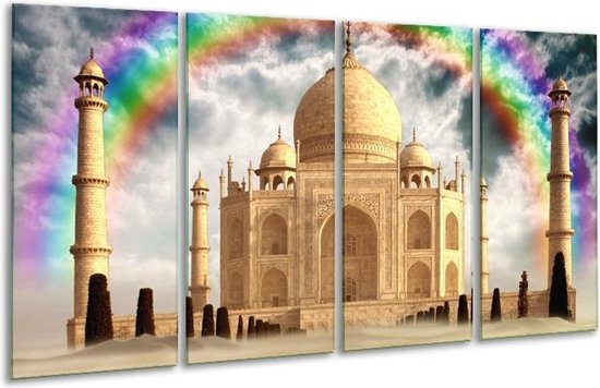 GroepArt - Glasschilderij - Taj Mahal - Crème - 160x80cm 4Luik - Foto Op Glas - Geen Acrylglas Schilderij - 6000+ Glasschilderijen Collectie - Wanddecoratie
