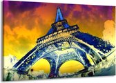 Schilderij Op Canvas - Groot -  Eiffeltoren - Blauw, Geel, Grijs - 140x90cm 1Luik - GroepArt 6000+ Schilderijen Woonkamer - Schilderijhaakjes Gratis
