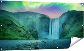 Gards Tuinposter Waterval met het Groene Noorderlicht - 140x70 cm - Tuindoek - Tuindecoratie - Wanddecoratie buiten - Tuinschilderij