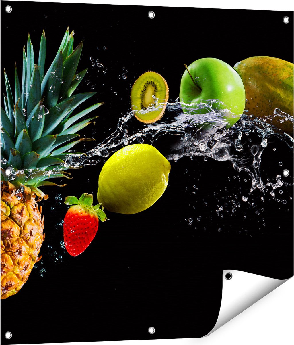 Gards Tuinposter Fruit met Water op Zwart Achtergrond - 80x80 cm - Tuindoek - Tuindecoratie - Wanddecoratie buiten - Tuinschilderij Multikleur