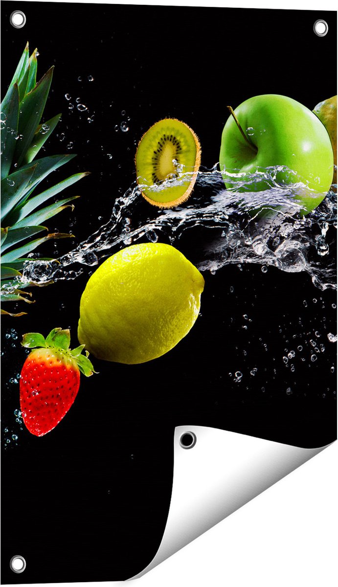 Gards Tuinposter Fruit met Water op Zwart Achtergrond - 40x60 cm - Tuindoek - Tuindecoratie - Wanddecoratie buiten - Tuinschilderij Multikleur
