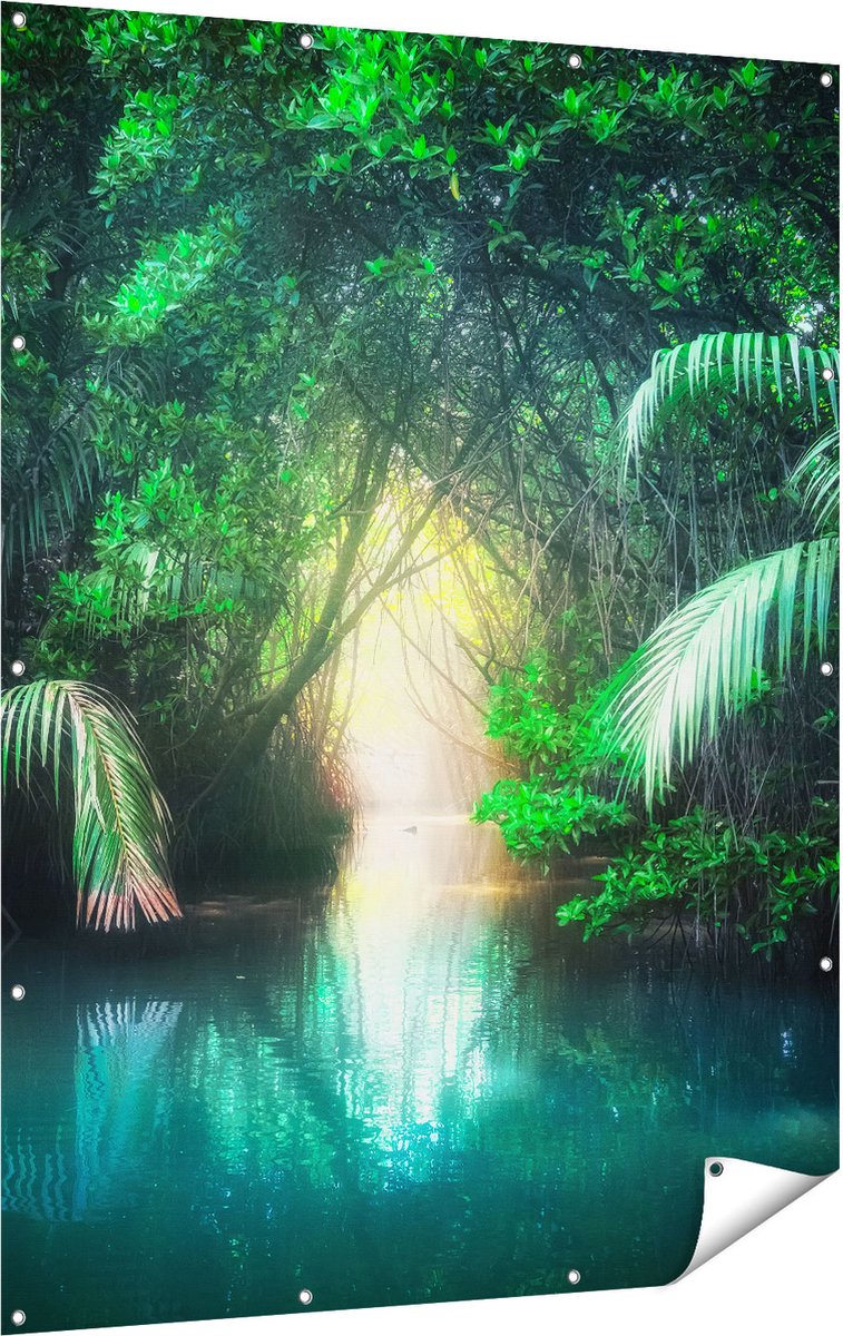Gards Tuinposter Tropische Jungle met een Turquoise Meer - 120x160 cm - Tuindoek - Tuindecoratie - Wanddecoratie buiten - Tuinschilderij Multikleur