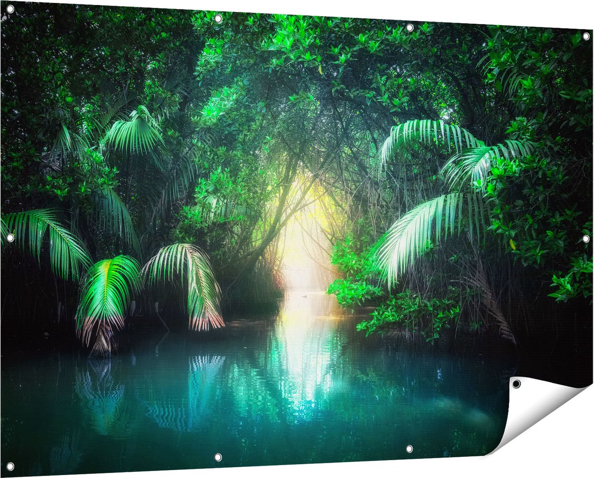 Gards Tuinposter Tropische Jungle met een Turquoise Meer - 150x100 cm - Tuindoek - Tuindecoratie - Wanddecoratie buiten - Tuinschilderij Multikleur