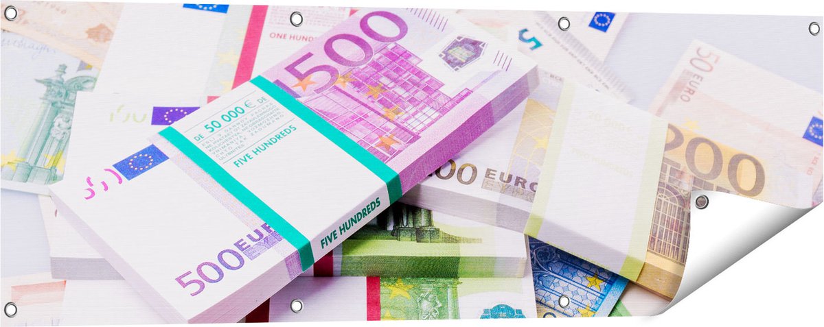 Gards Tuinposter Euro Geld Briefjes - Stapels - 120x40 cm - Tuindoek - Tuindecoratie - Wanddecoratie buiten - Tuinschilderij Multikleur