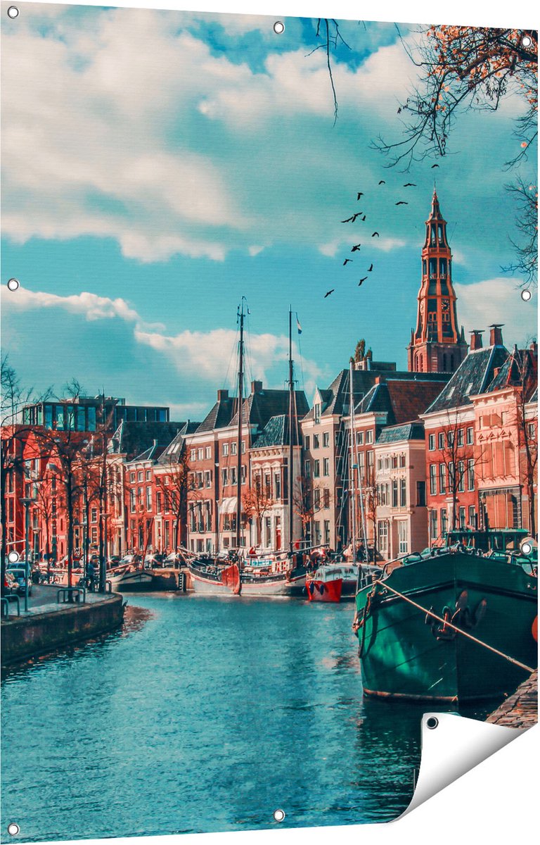 Gards Tuinposter Gracht in Groningen - 90x120 cm - Tuindoek - Tuindecoratie - Wanddecoratie buiten - Tuinschilderij Multikleur