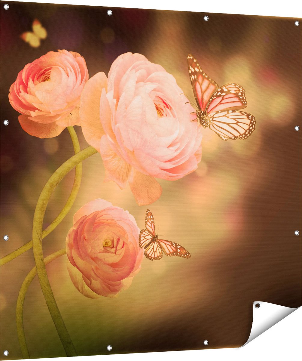 Gards Tuinposter Twee Roze Vlinders bij Roze Rozen - 120x120 cm - Tuindoek - Tuindecoratie - Wanddecoratie buiten - Tuinschilderij Multikleur